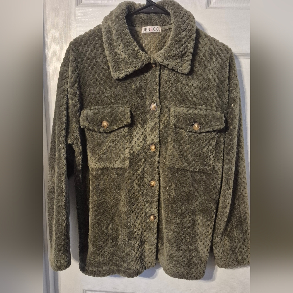 Jen & Co. Olive Green Textured Jacket – Women’s, Size Medium, 22” Flat, Stylish